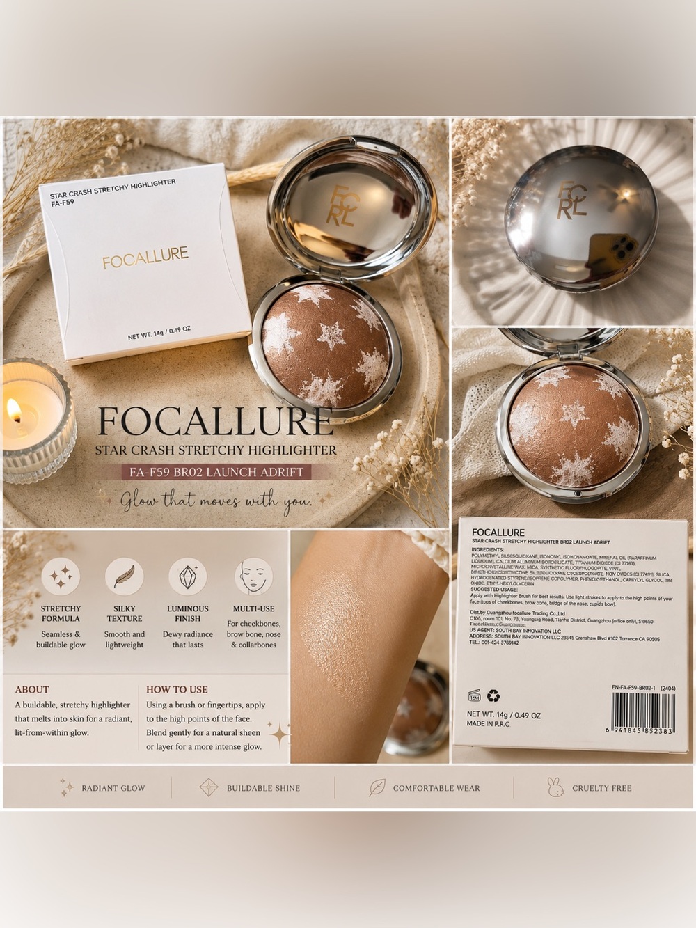 Focallure Shimmering Bronze Highlighter Compact with Silver Star Accents